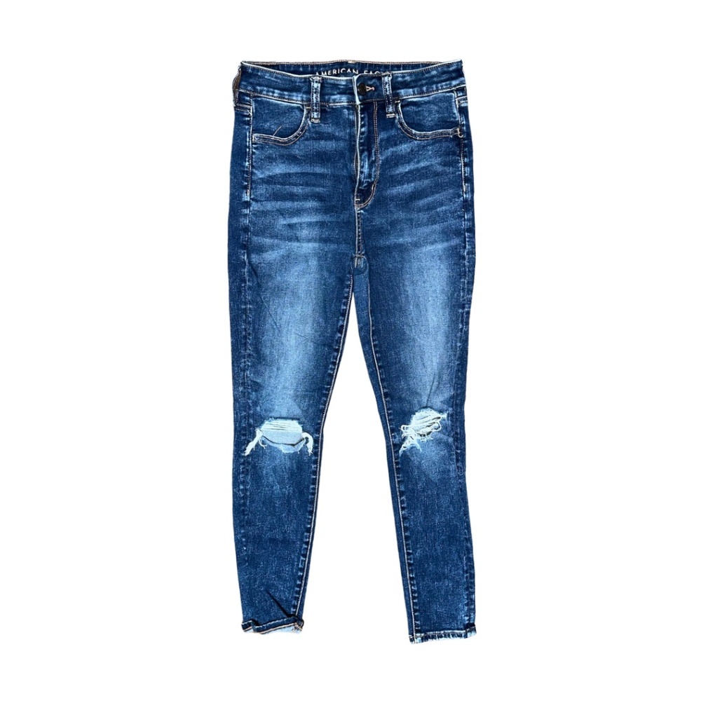 Dark Blue American Eagle Skinny Jeans Distressed Knee Holes Size 4 High Rise
